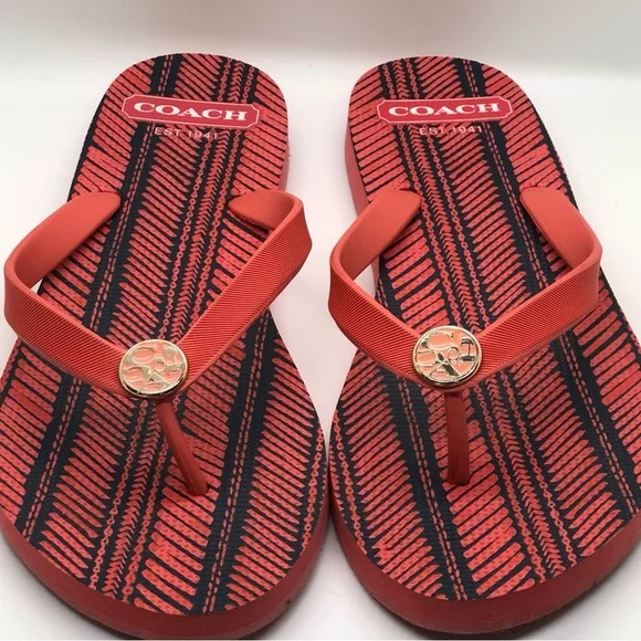 Coach Stripe Plaid Peachy Red and Black Designer Flip Flops - Picture 5 of 7